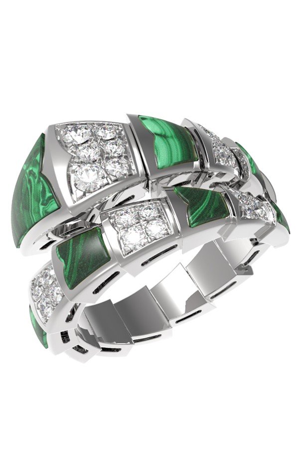 Кольцо из белого золота c бриллиантами и малахитом