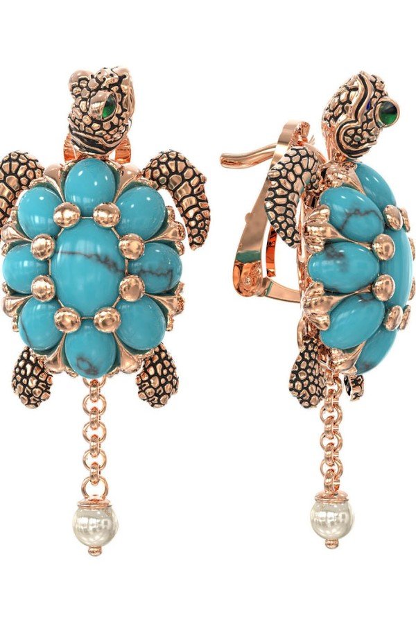 Серьги из золота c эмалью, жемчугом и бирюзой