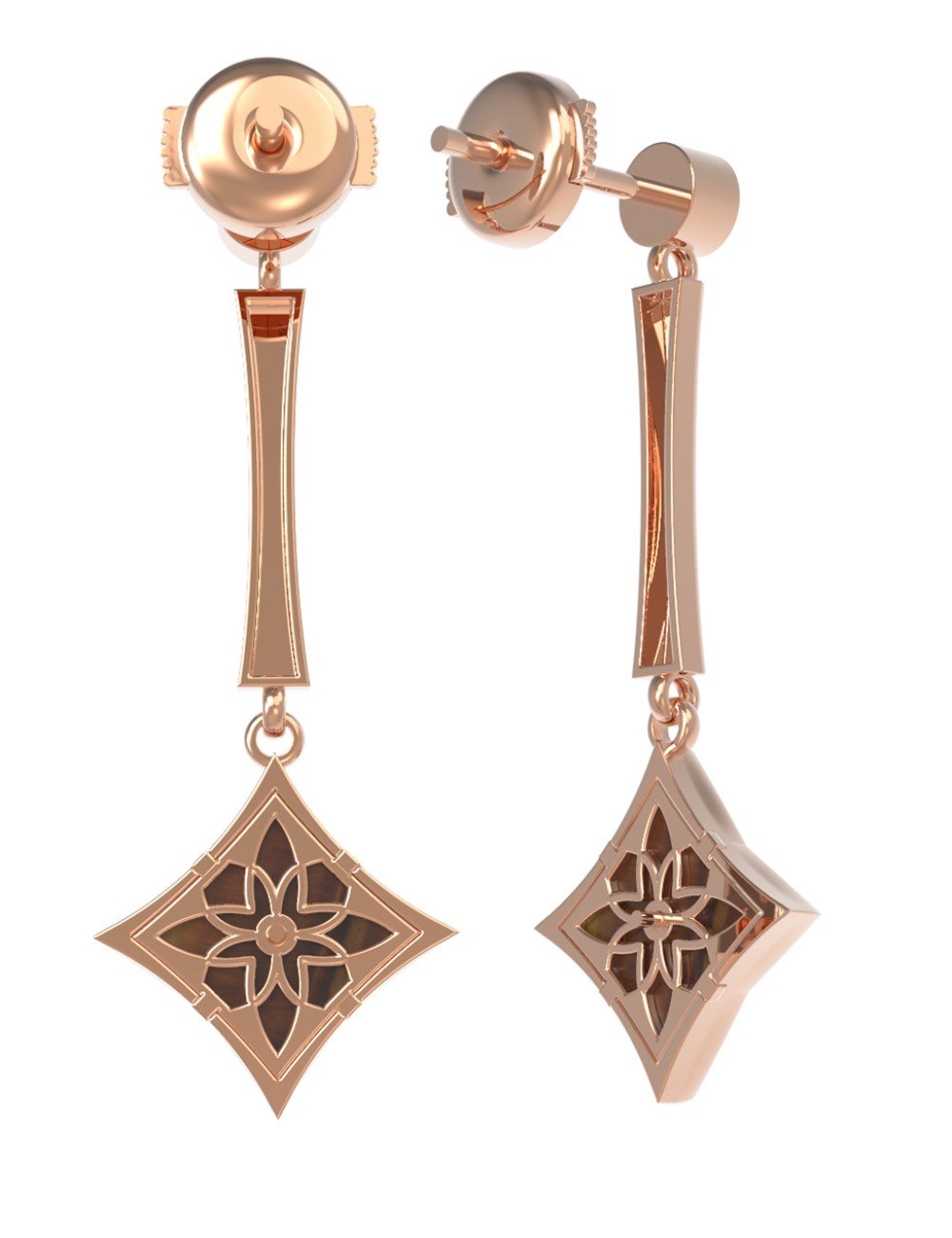 Серьги из золота c фианитом и тигровым глазом