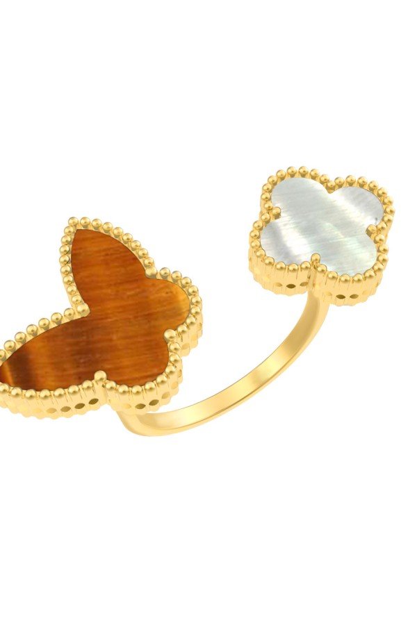 Кольцо из лимонного золота c тигровым глазом и перламутром