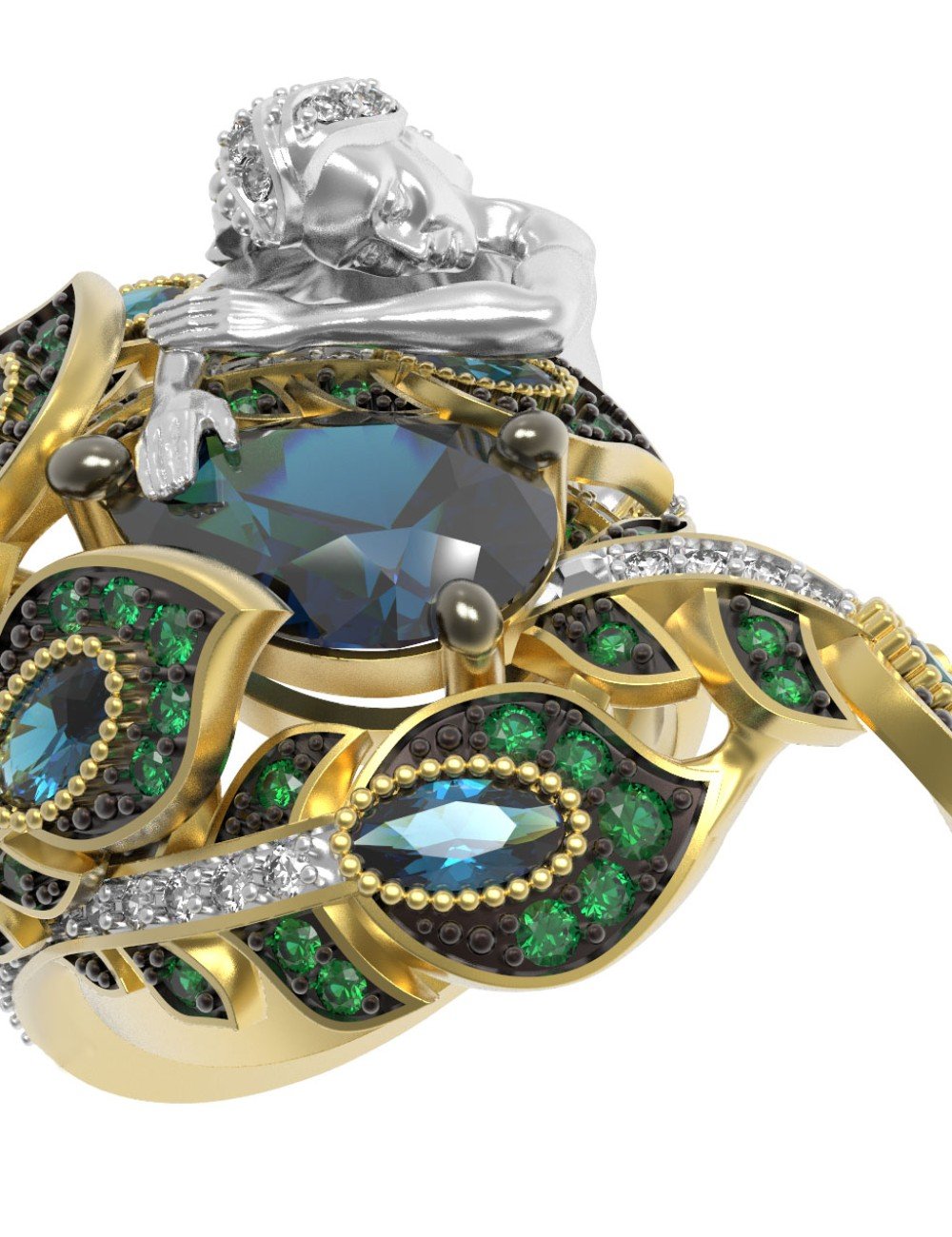 Кольцо из лимонного золота c фианитом, топазом London Blue и топазом London