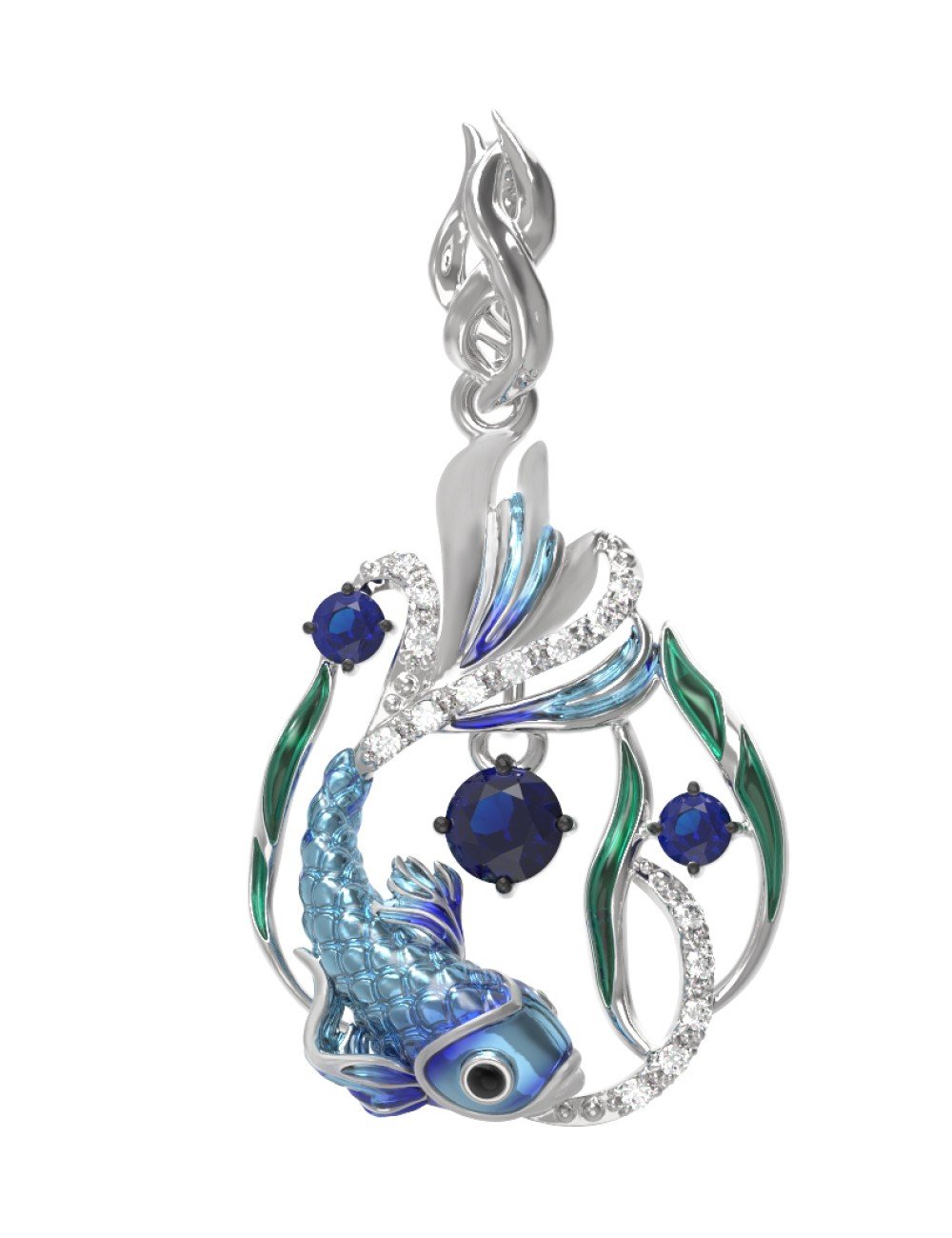Подвеска из белого золота c эмалью, фианитом и сапфиром