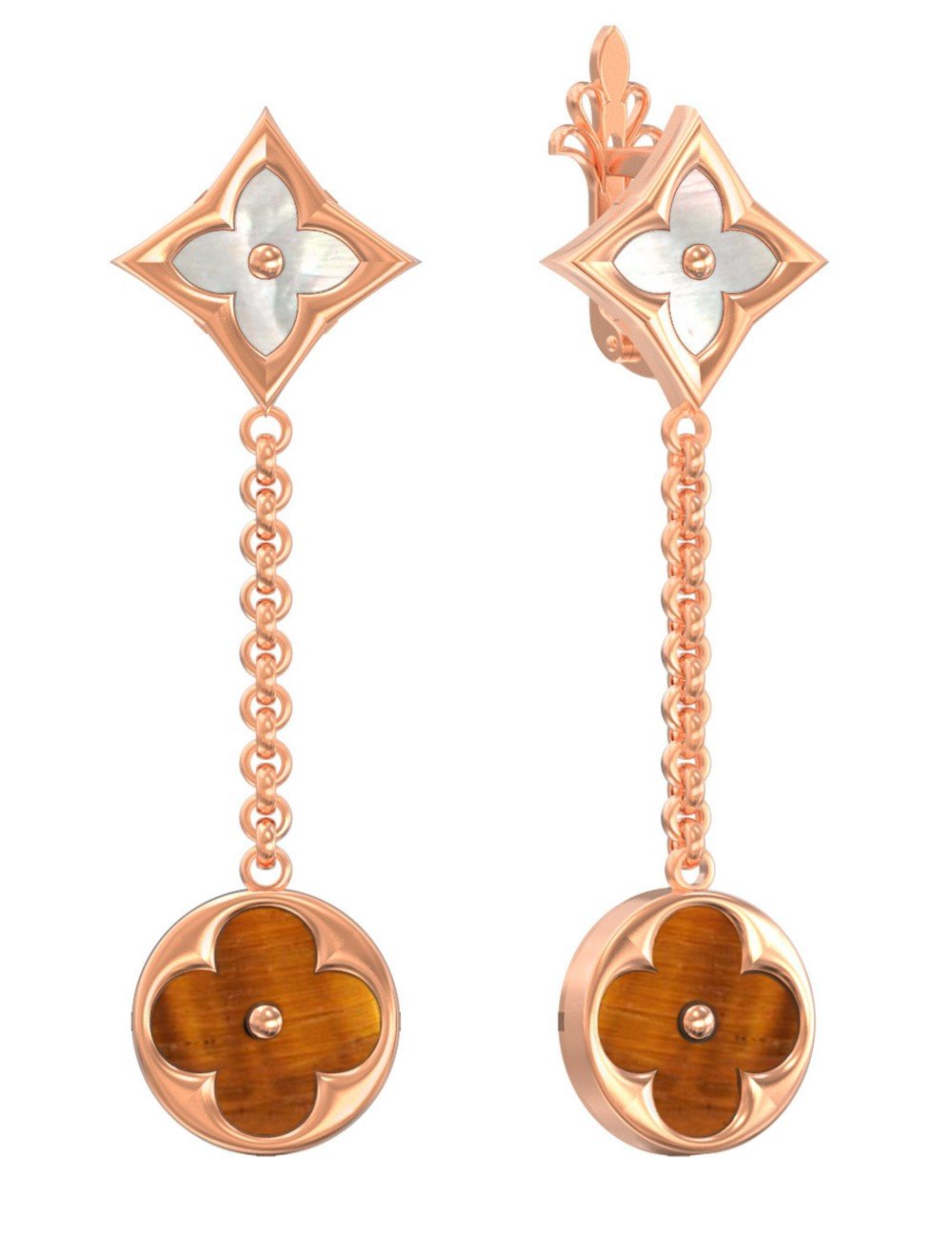 Серьги из золота c тигровым глазом и перламутром