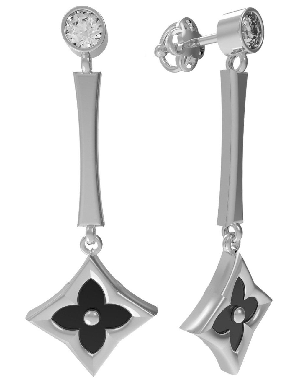 Серьги из белого золота c фианитом и ониксом