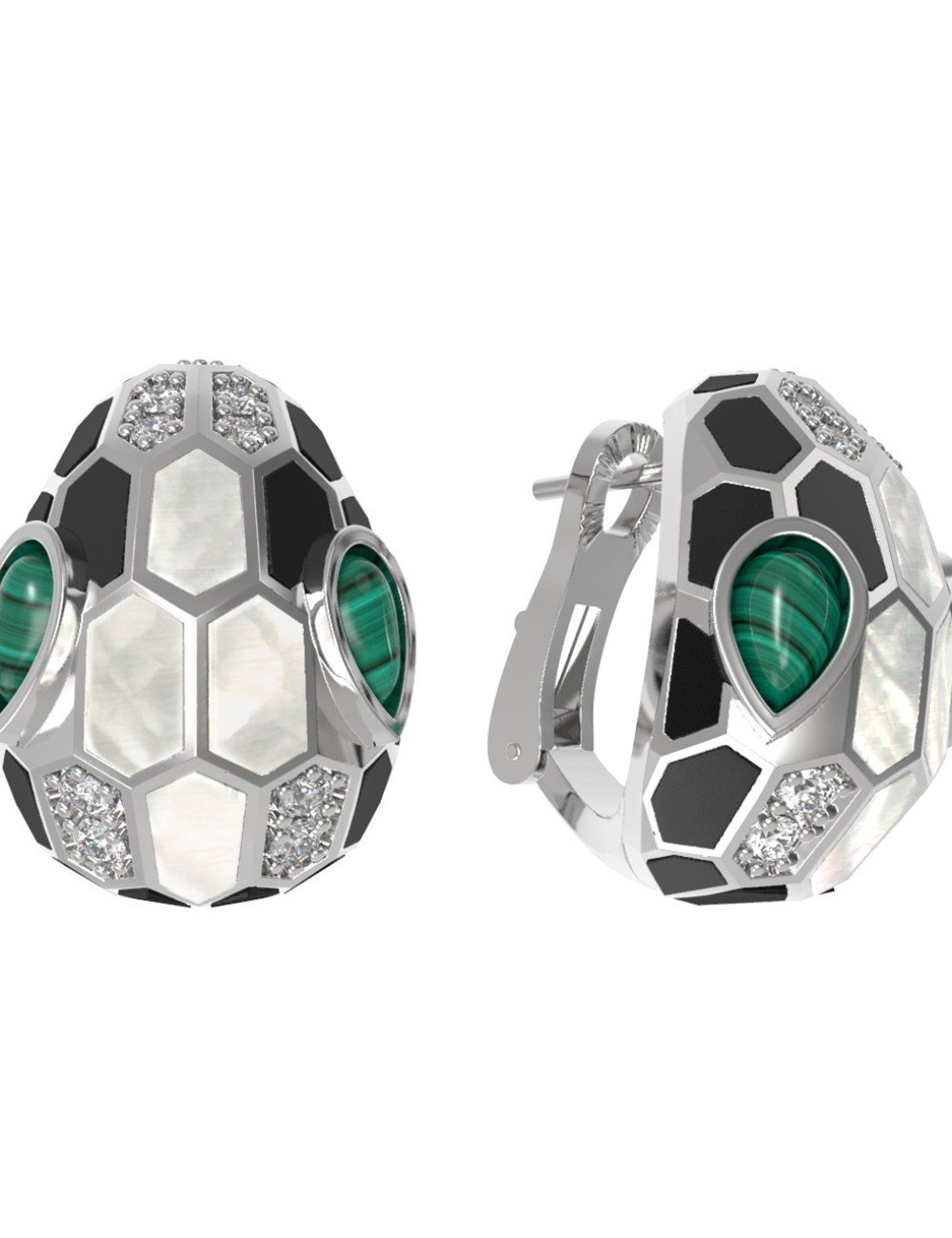 Серьги из белого золота c бриллиантами, рубином, ониксом, малахитом и перламутром
