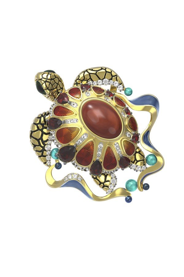 Подвеска из лимонного золота c эмалью, фианитом, гранатом и янтарём