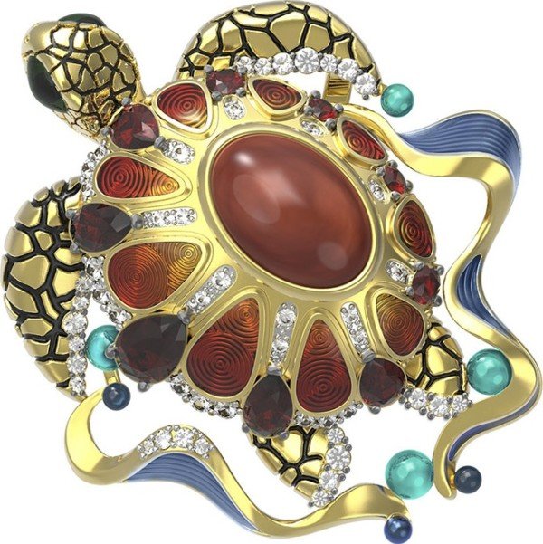 Подвеска из лимонного золота c эмалью, фианитом, гранатом и янтарём