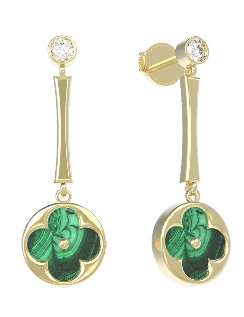 Серьги из лимонного золота c фианитом и малахитом