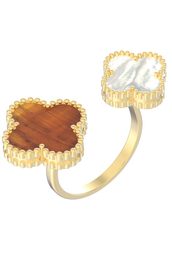 Кольцо из лимонного золота c тигровым глазом и перламутром