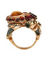 Кольцо из золота c эмалью, фианитом, гранатом и янтарём