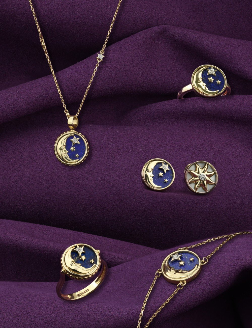 Серьги из лимонного золота c бриллиантами, лазуритом и перламутром