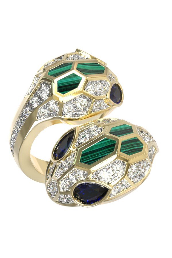 Кольцо из лимонного золота c бриллиантами, сапфиром и малахитом