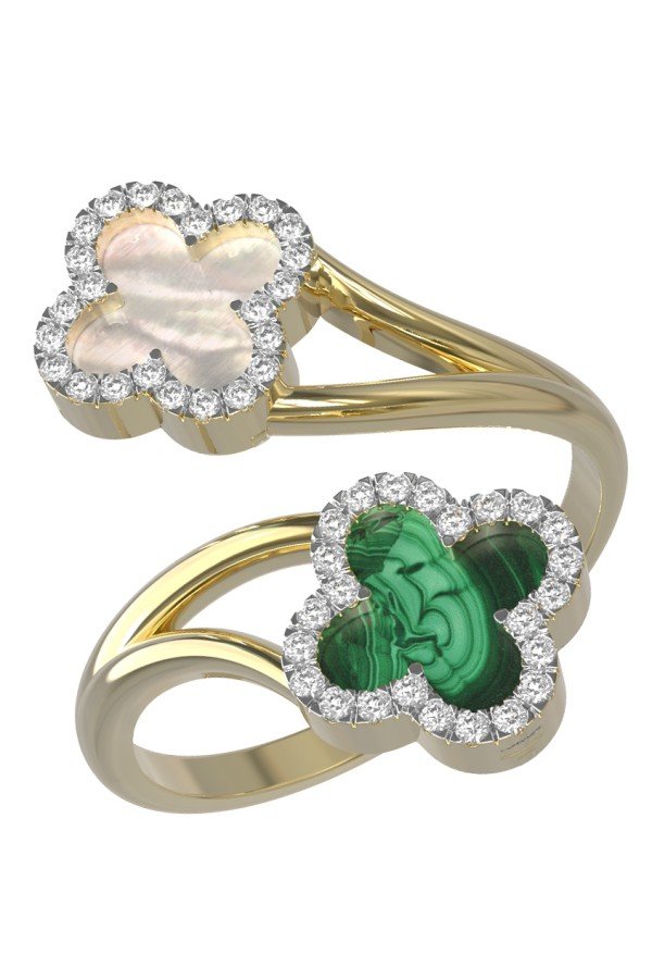 Кольцо из лимонного золота c бриллиантами, малахитом и перламутром