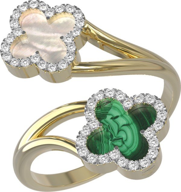 Кольцо из лимонного золота c бриллиантами, малахитом и перламутром