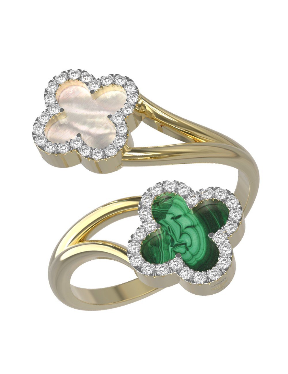 Кольцо из лимонного золота c бриллиантами, малахитом и перламутром