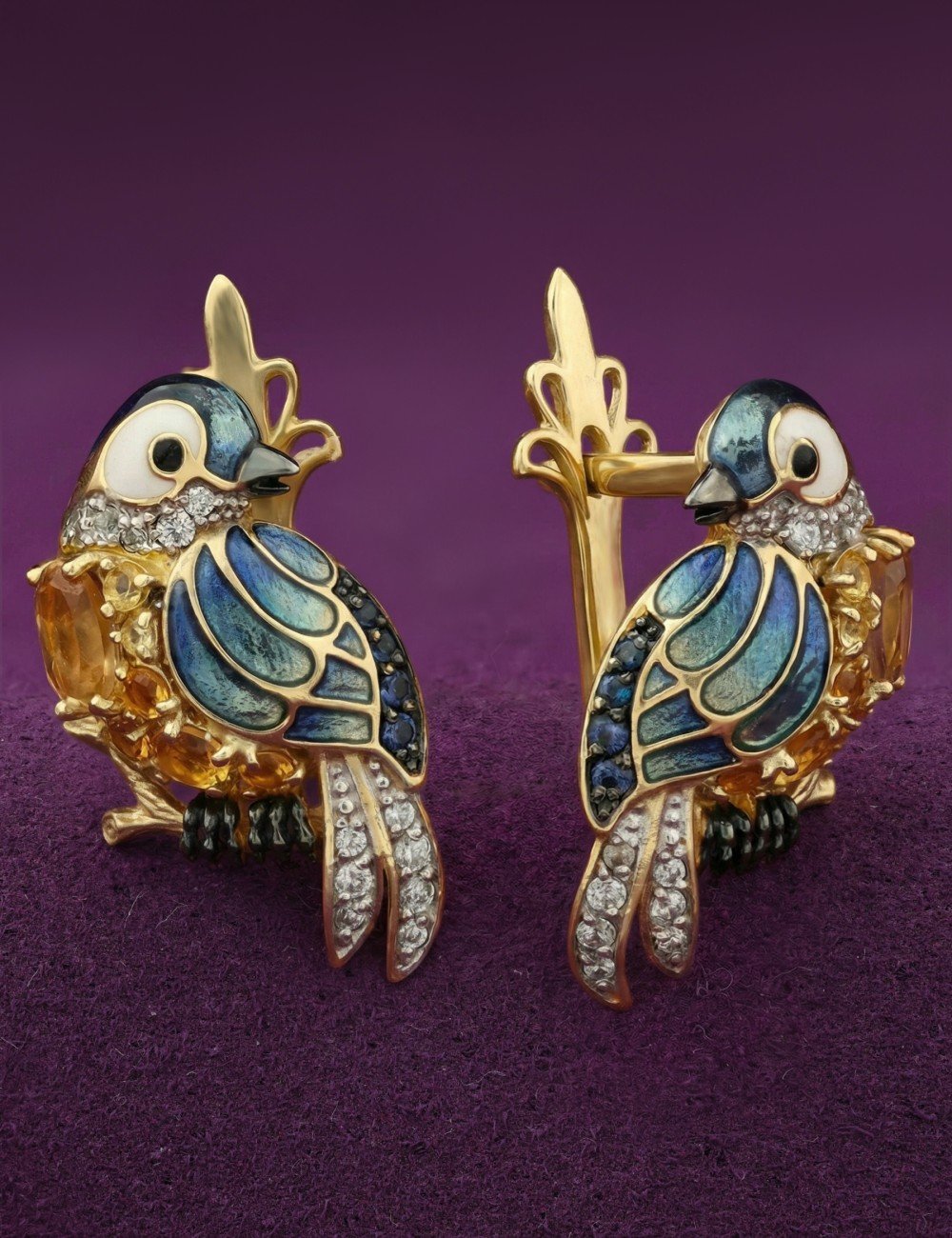 Серьги из лимонного золота c эмалью, фианитом, цитрином и сапфиром