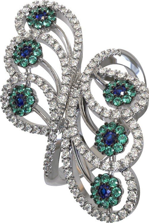 Кольцо из белого золота c бриллиантами, сапфиром и изумрудом