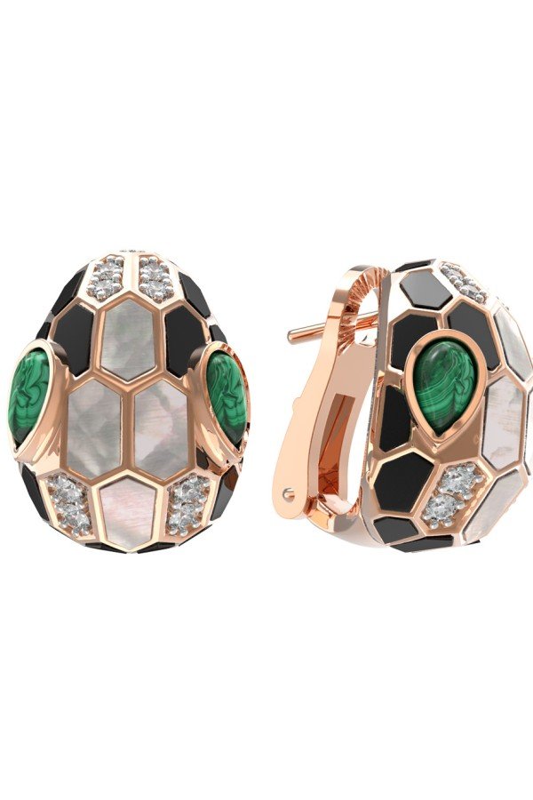 Серьги из золота c бриллиантами, рубином, ониксом, малахитом и перламутром