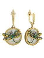 Серьги из лимонного золота c сапфиром, изумрудом, эмалью и перламутром