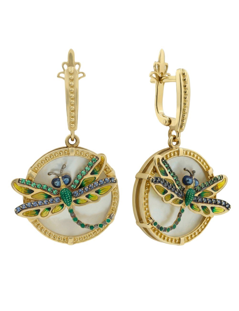 Серьги из лимонного золота c сапфиром, изумрудом, эмалью и перламутром