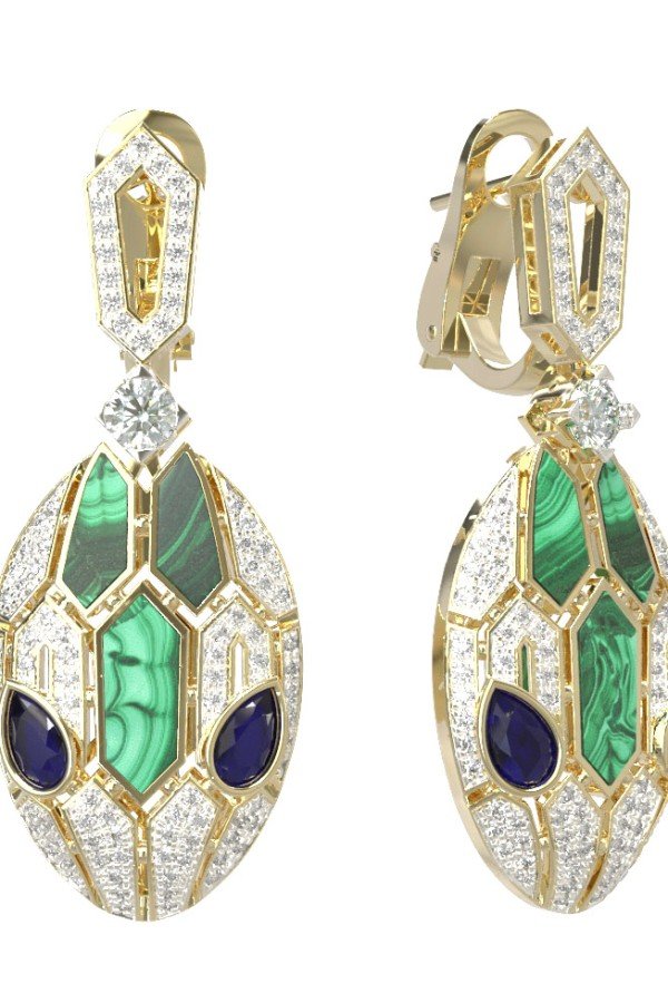 Серьги из лимонного золота c бриллиантами, сапфиром и малахитом