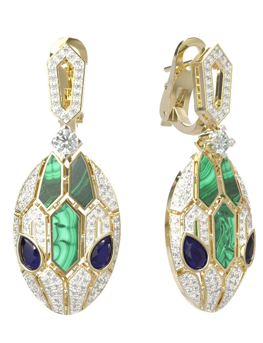 Серьги из лимонного золота c бриллиантами, сапфиром и малахитом