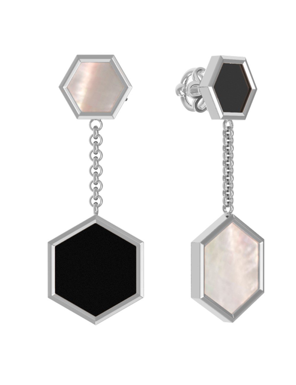 Серьги из белого золота c ониксом и перламутром