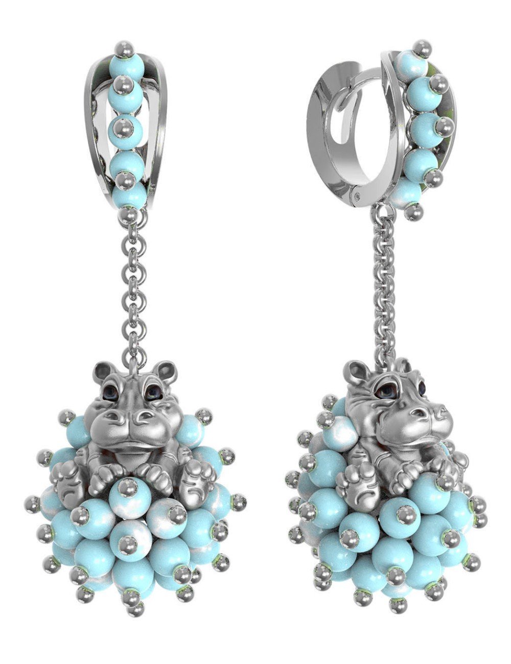 Серьги из белого золота c эмалью и бирюзой