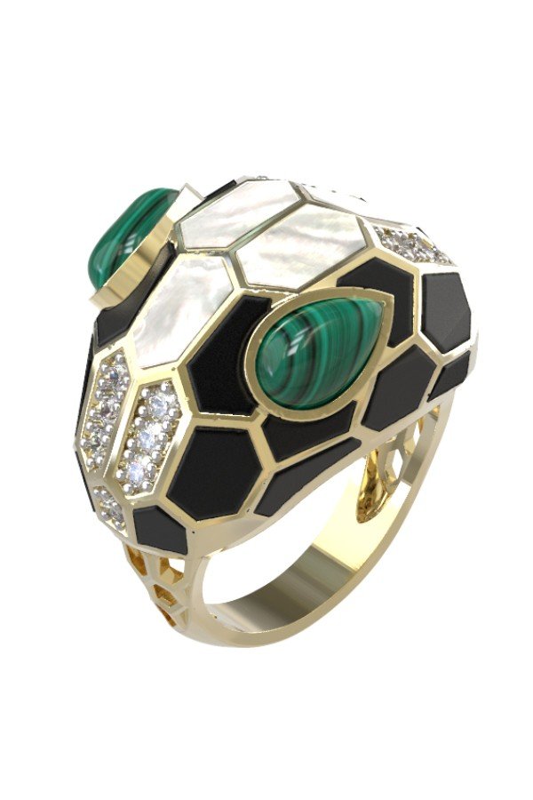 Кольцо из лимонного золота c бриллиантами, рубином, ониксом, малахитом и перламутром