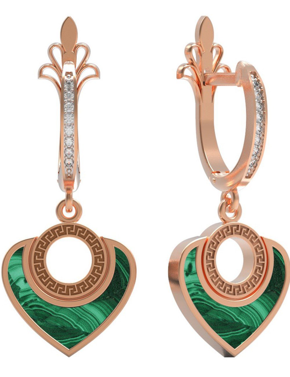 Серьги из золота c фианитом и малахитом