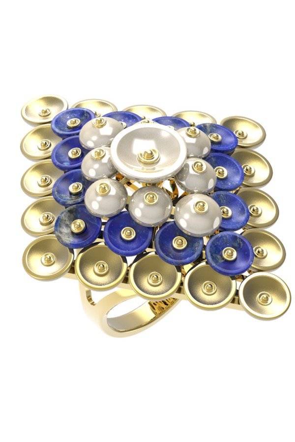 Кольцо из лимонного золота c лазуритом и перламутром