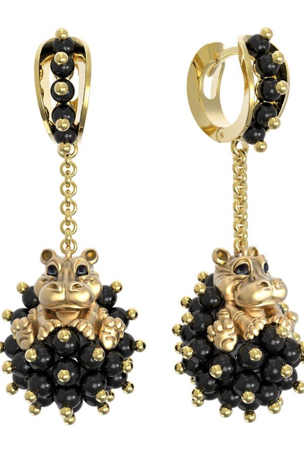 Серьги из лимонного золота c эмалью и ониксом