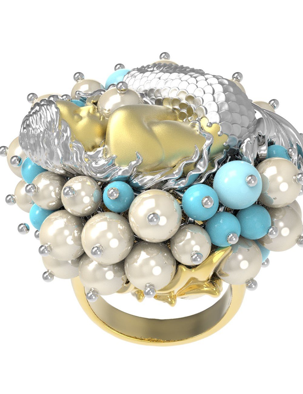 Кольцо из лимонного золота c жемчугом и бирюзой