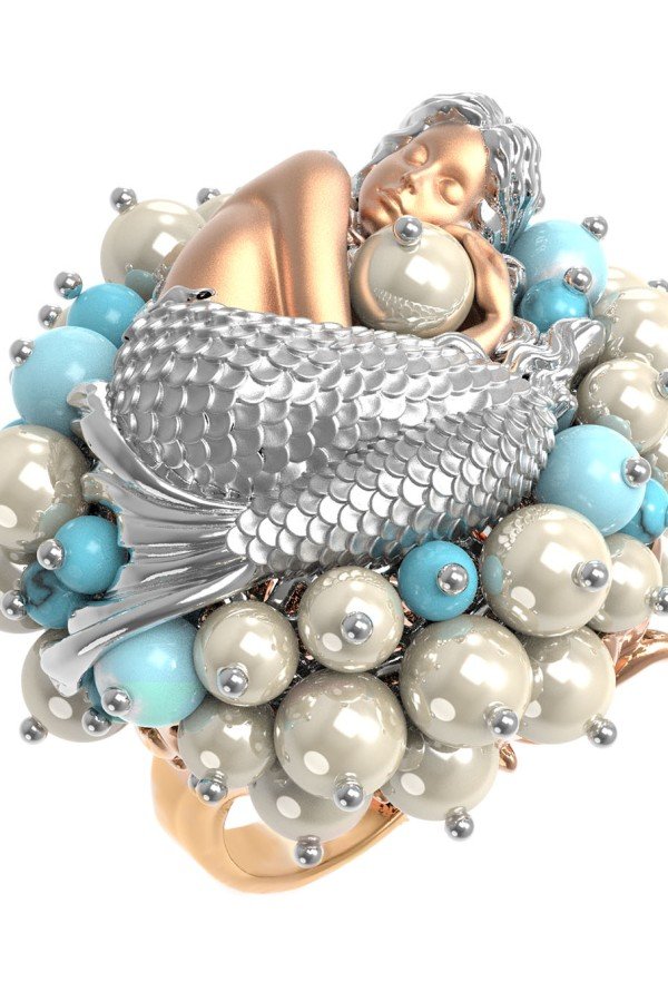 Кольцо из золота c жемчугом и бирюзой