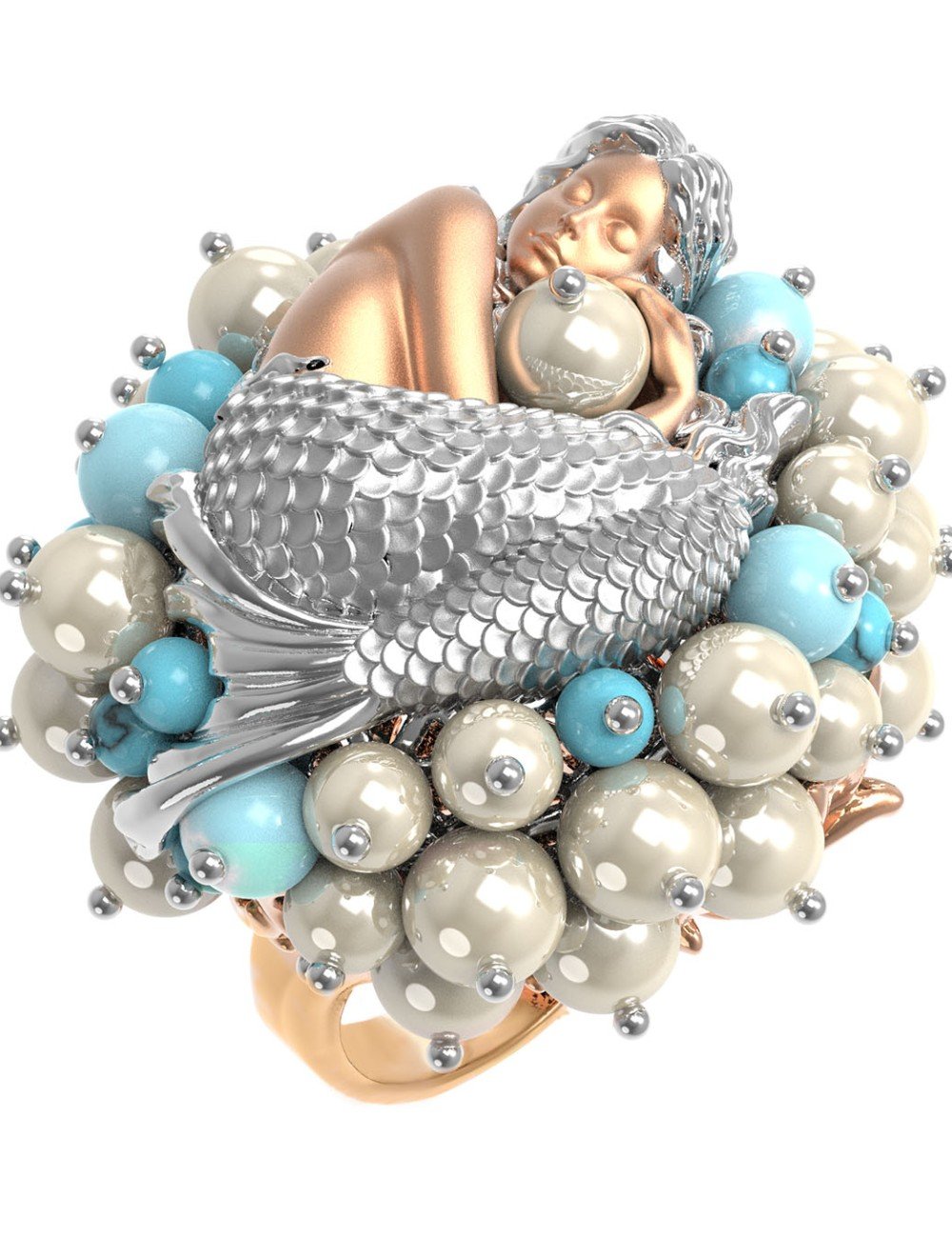 Кольцо из золота c жемчугом и бирюзой