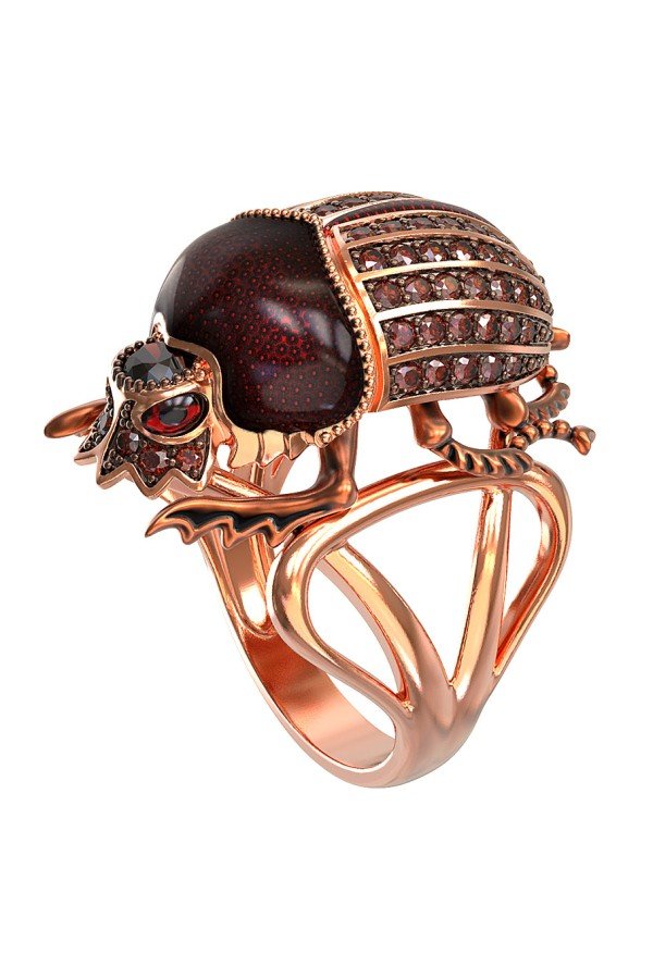 Кольцо из золота c эмалью, фианитом и гранатом