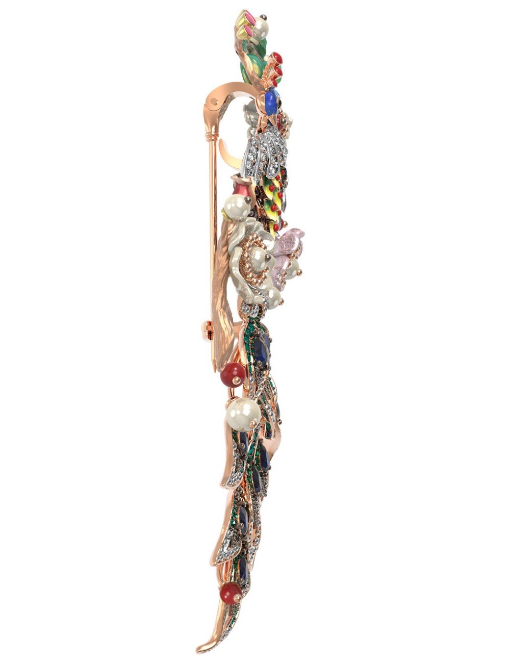 Брошь из золота c эмалью, фианитом, гранатом, жемчугом, сапфиром, кораллом и перламутром