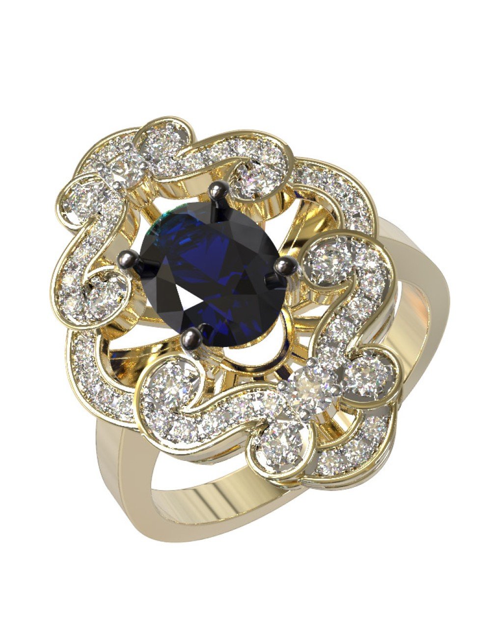Кольцо из лимонного золота c бриллиантами и сапфиром