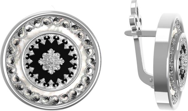 Серьги из белого золота c ониксом и перламутром