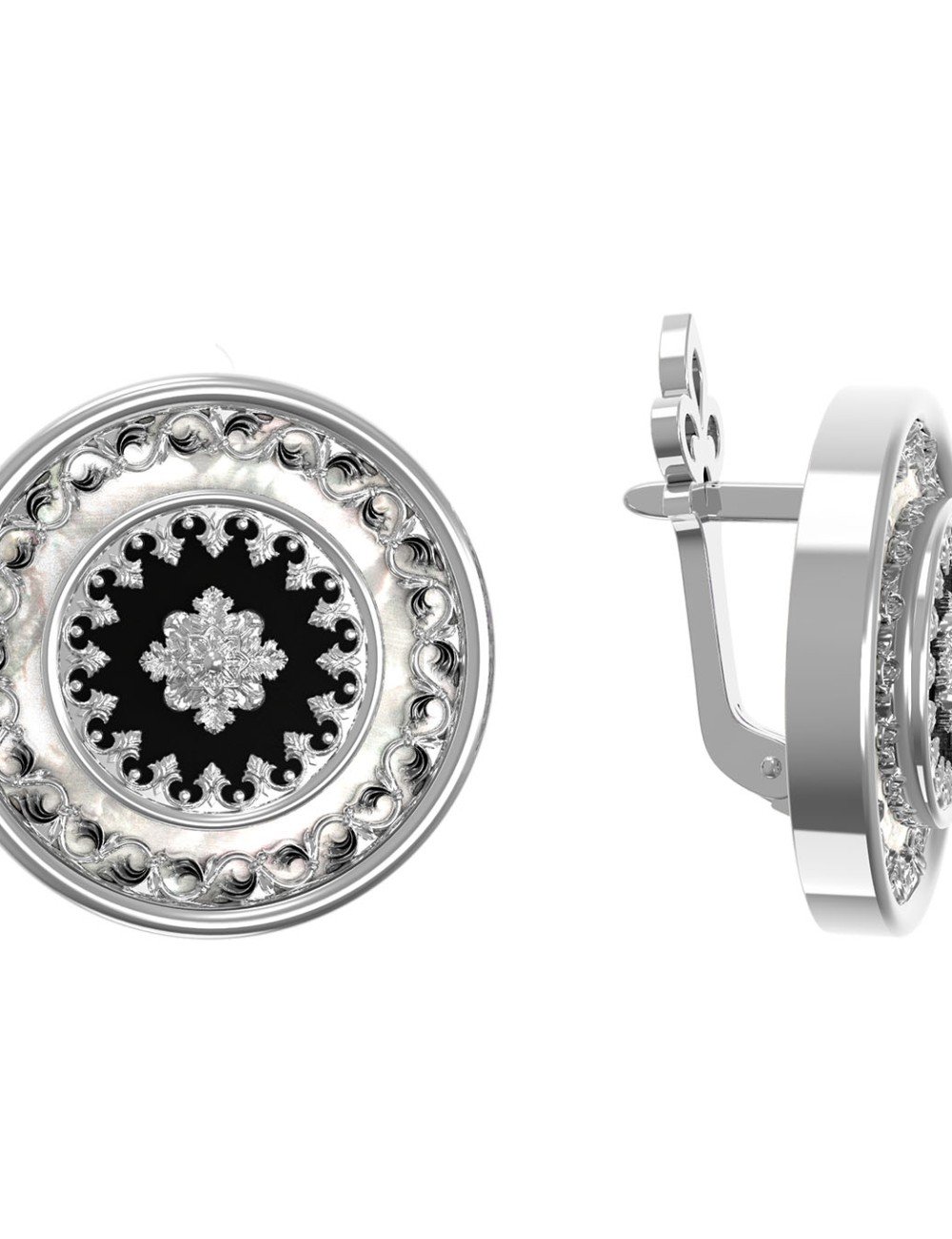 Серьги из белого золота c ониксом и перламутром