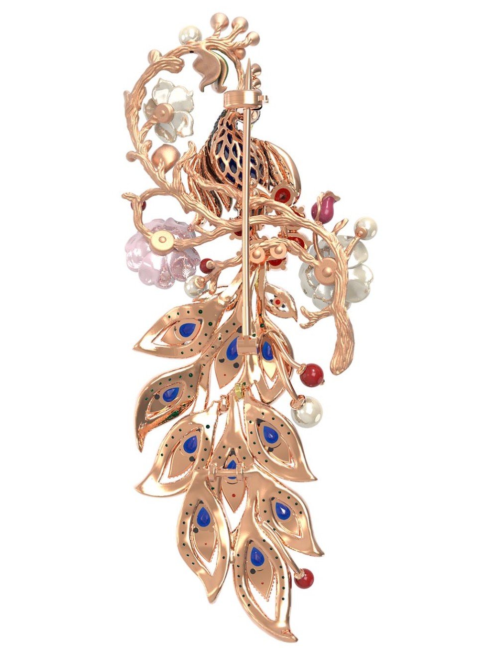 Брошь из золота c эмалью, фианитом, гранатом, жемчугом, сапфиром, кораллом и перламутром