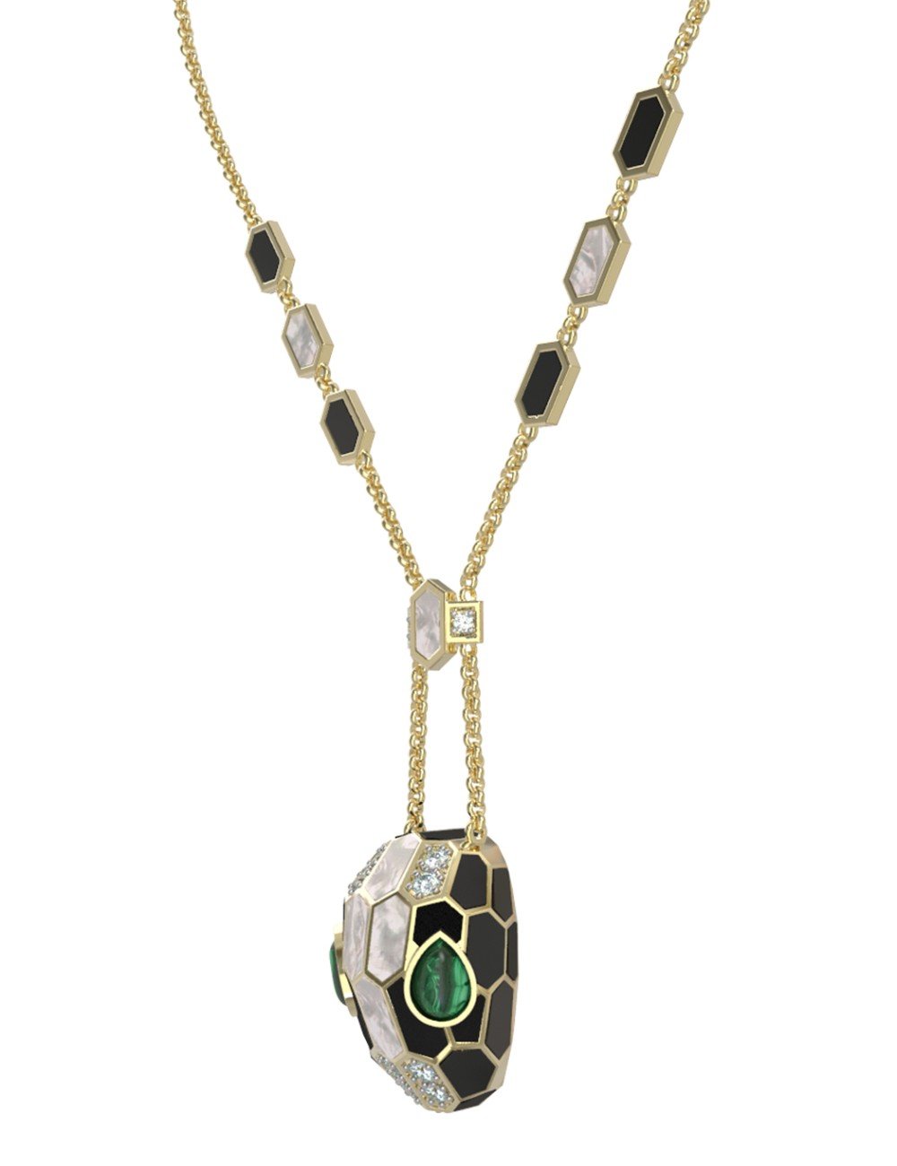 Колье из лимонного золота c бриллиантами, рубином, ониксом, малахитом и перламутром