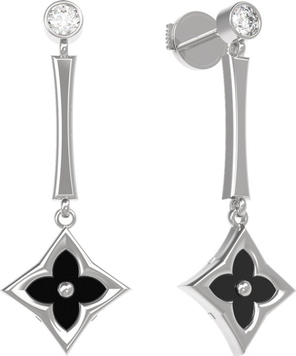 Серьги из белого золота c фианитом и ониксом