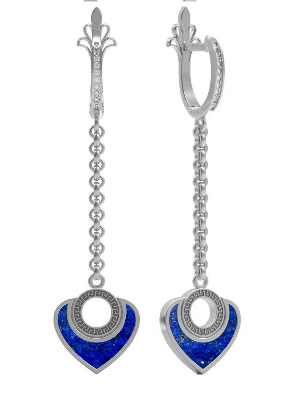 Серьги из белого золота c фианитом и лазуритом