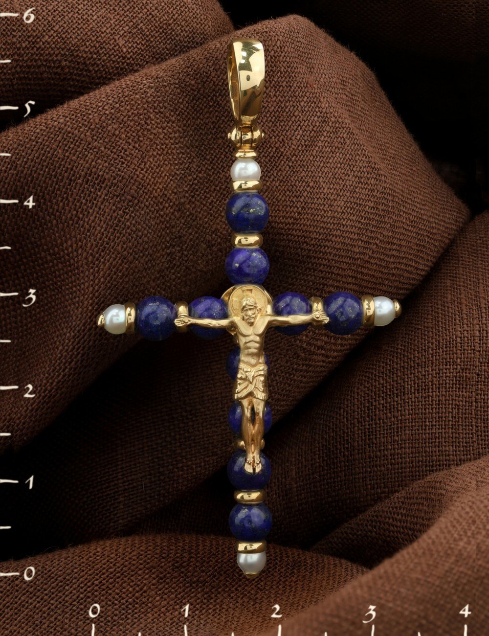 Крест из лимонного золота c жемчугом и лазуритом