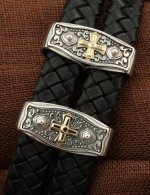 Браслет из серебра и золота c кожаным шнурком