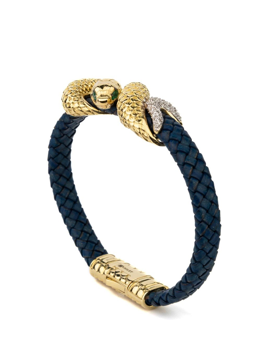 Браслет из лимонного золота c бриллиантами, изумрудом и кожаным шнурком