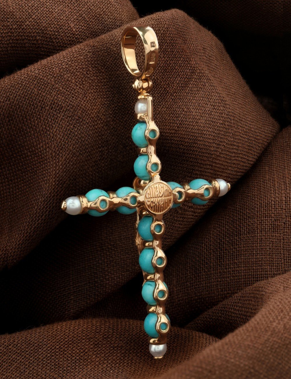 Крест из золота c жемчугом и бирюзой