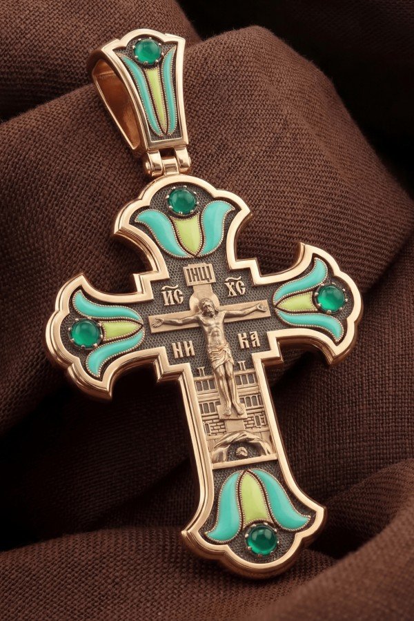 Крест из золота c эмалью и хризопразом