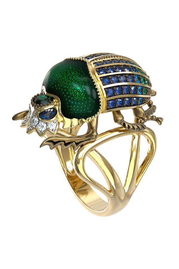 Кольцо из лимонного золота c эмалью, фианитом и турмалином